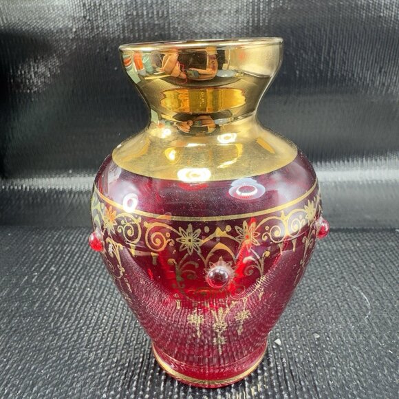 Venetian Art Glass Vase Vessel Hand Painted Gold Accents Attached Jewels Vase - Picture 1 of 10